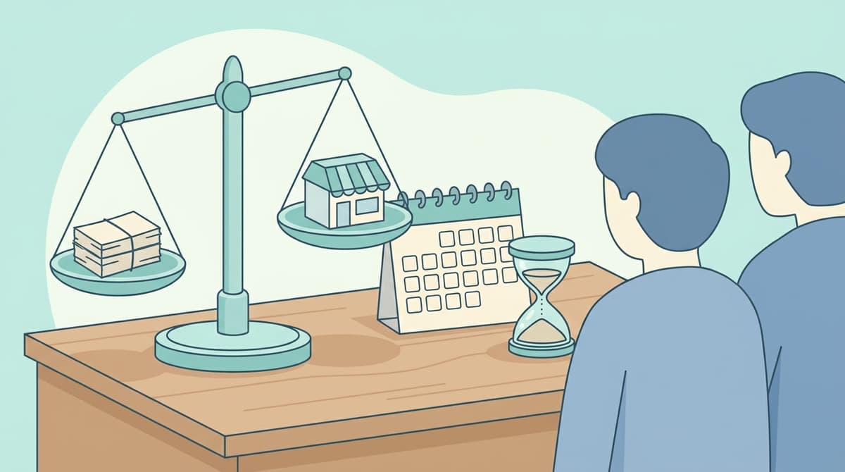 권리금 손해배상 한도와 3년 시효를 나타낸 저울과 달력 일러스트